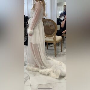 Bridal Elegant Sheer White Robe with Fur Trim